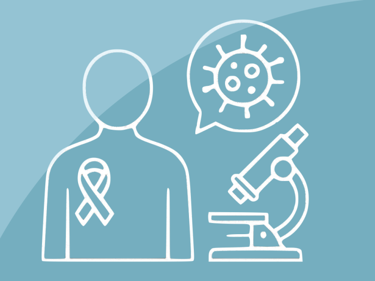 Person mit einer Schleife, Mikroskop und Virus-Symbol auf einem hellblauen Hintergrund.