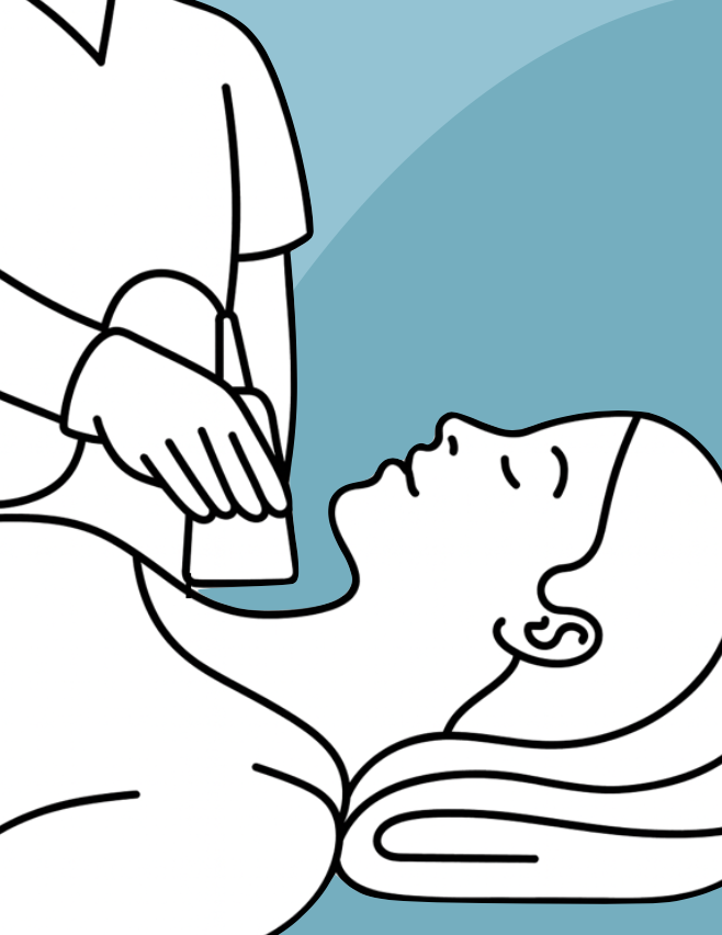 Eine Person erhält eine Behandlung im Liegen, während eine andere Person die Technik anwendet.