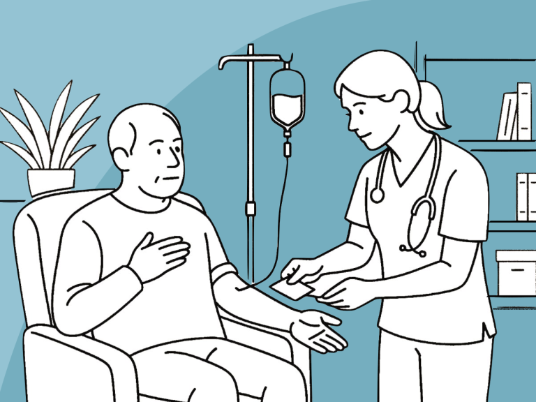 Ärztin verabreicht einem Patienten eine Behandlung, während er in einem Stuhl sitzt.