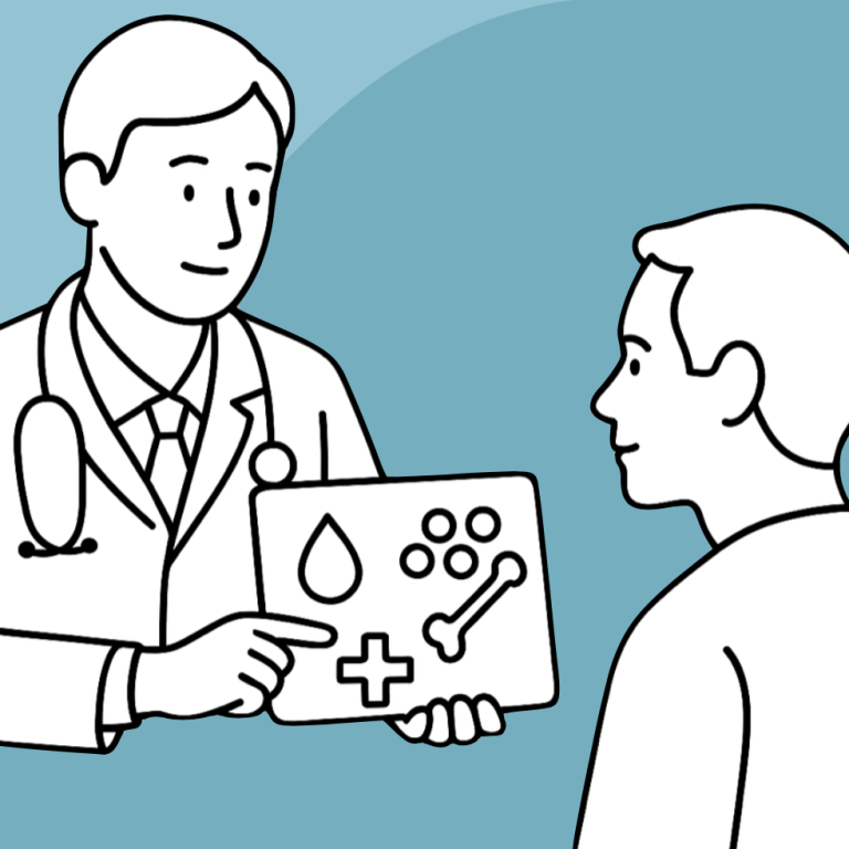 Arzt zeigt Patienten Infografik zu Gesundheit und medizinischen Informationen.