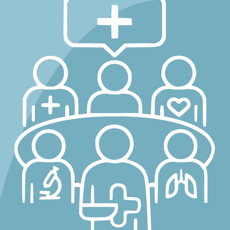 Menschen in einem Meeting, diskutieren Gesundheitsthemen mit Symbolen für Medizin und Organe.