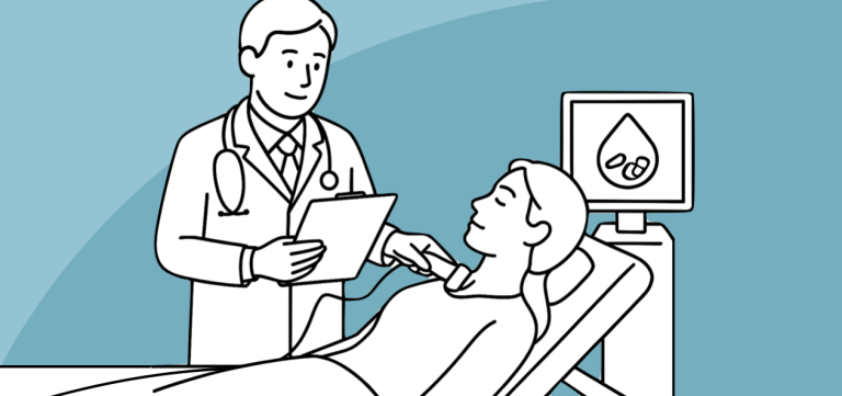 Ambulante Diagnostik Ein Arzt untersucht eine Patientin, während ein Monitor vitalen Zeichen anzeigt.