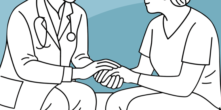 Beratungsgespräche Ein Arzt hält die Hände eines Patienten zur Unterstützung und Empathie.