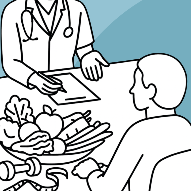 Ein Arzt berät einen Patienten über gesunde Ernährung mit Obst und Gemüse.